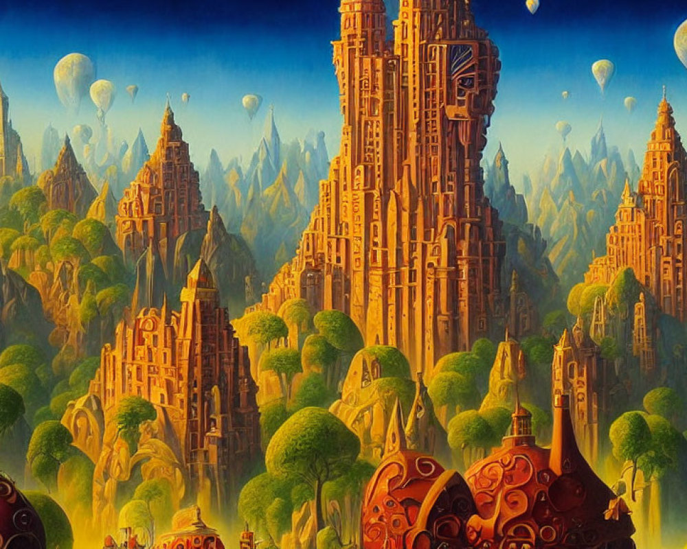 Majestic castles and hot air balloons in a fantasy landscape