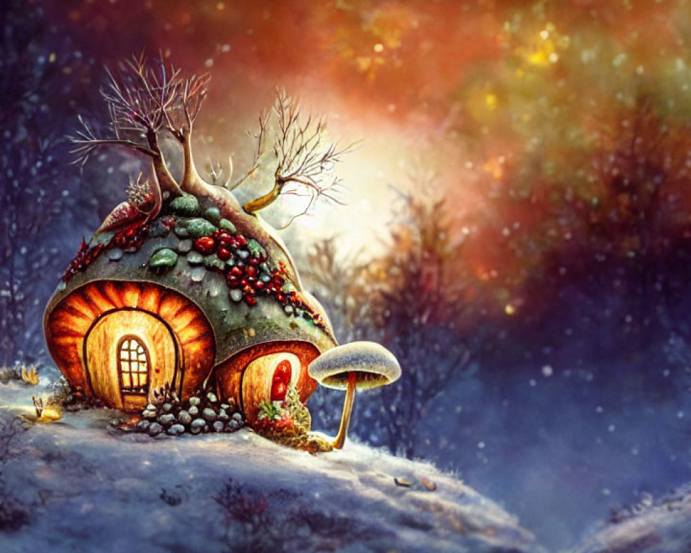 Cozy mushroom house in snowy landscape with warm glow