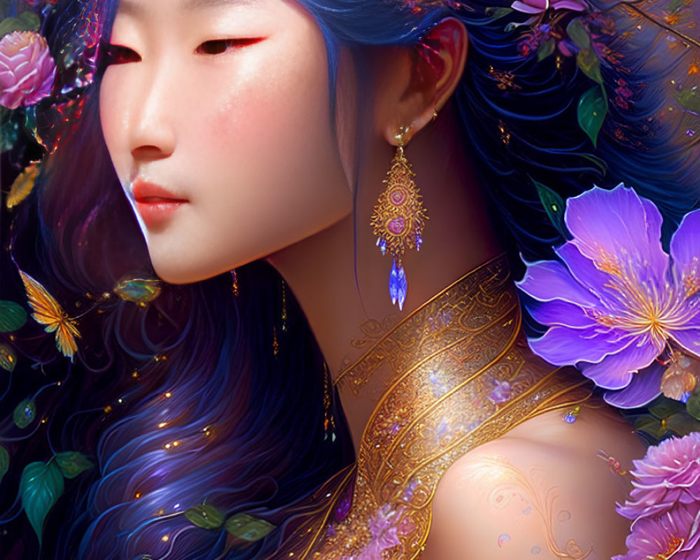 Digital artwork: Person with blue hair, adorned with flowers and gold jewelry