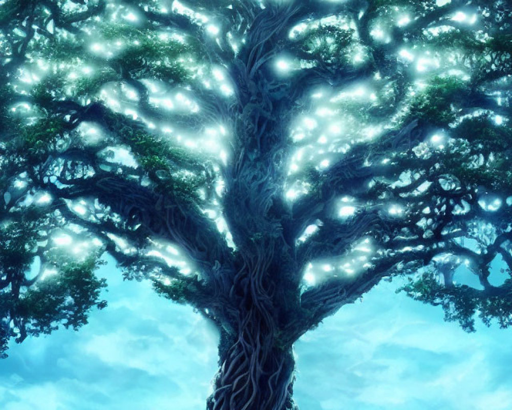 Majestic tree with intricate roots and luminous branches in mystical blue forest