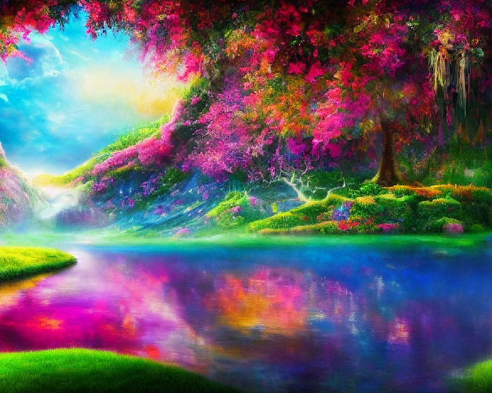 Colorful Landscape with Lush Greenery, Pink and Purple Flora, and Serene River