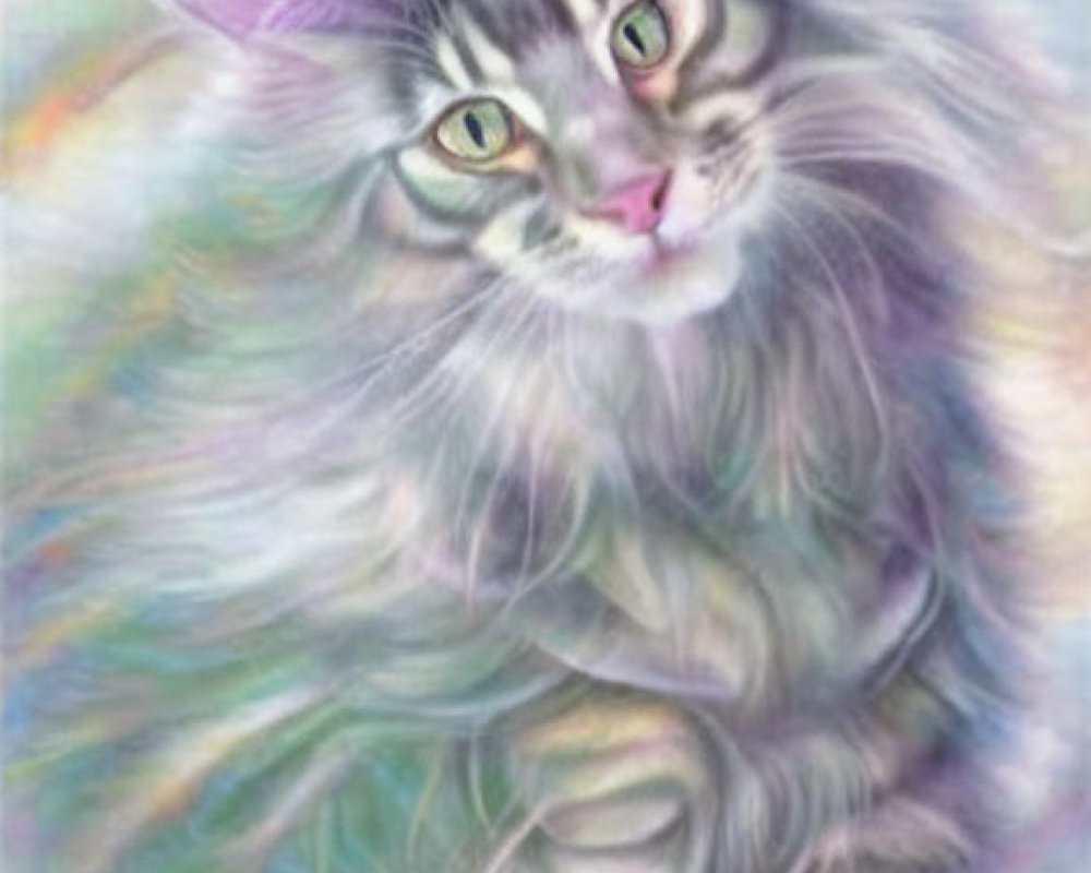 Whimsical pastel artwork of fluffy cat with bunny ears and multi-colored fur