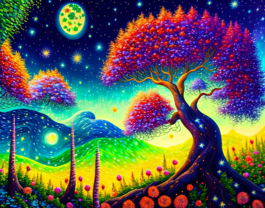 Colorful Night Sky Artwork with Green Moon and Swirling Pattern