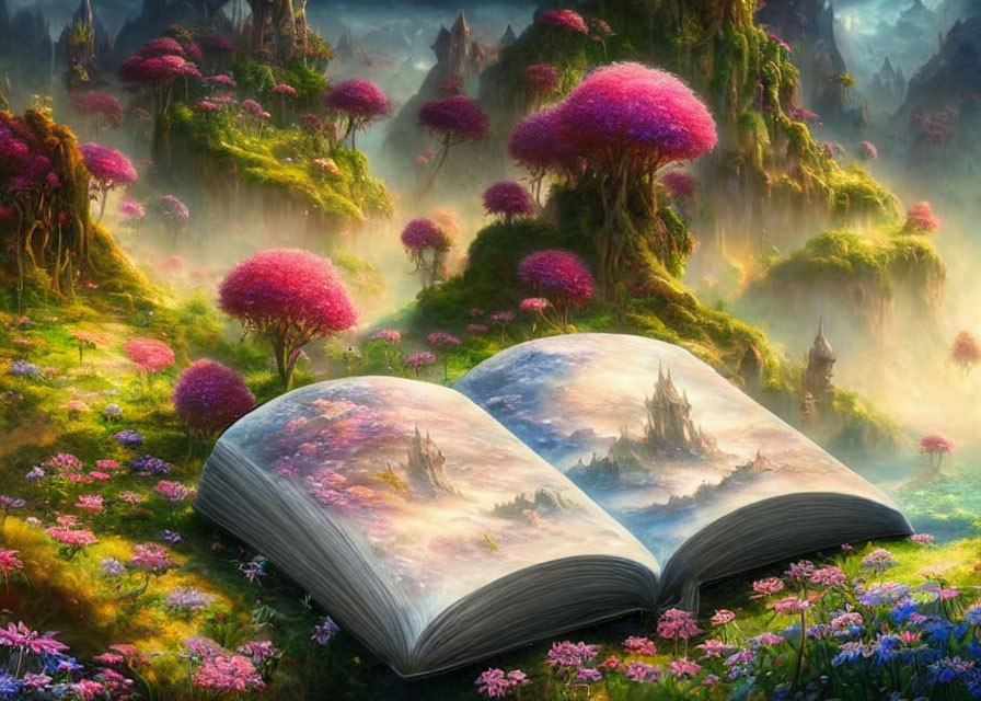 Fantasy Book with Realistic Landscape Pages and Vibrant Pink Trees