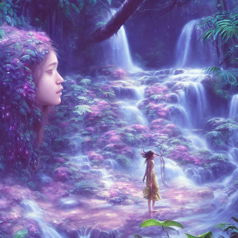 Giant Woman's Face in Purple Floral Landscape with Waterfalls