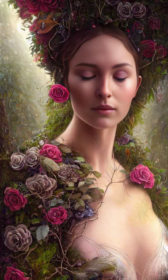 Woman blending with floral landscape surrounded by roses and foliage
