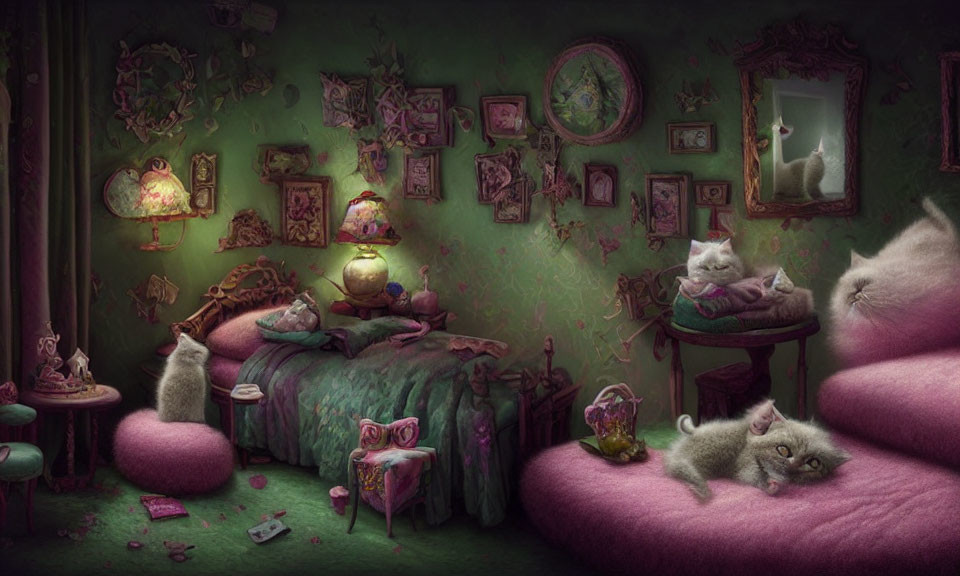 Whimsical cat-themed room with playful felines and cozy decor