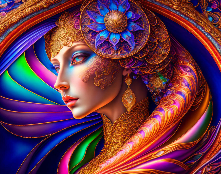 Colorful digital artwork: Woman with golden headdress and blue eyes