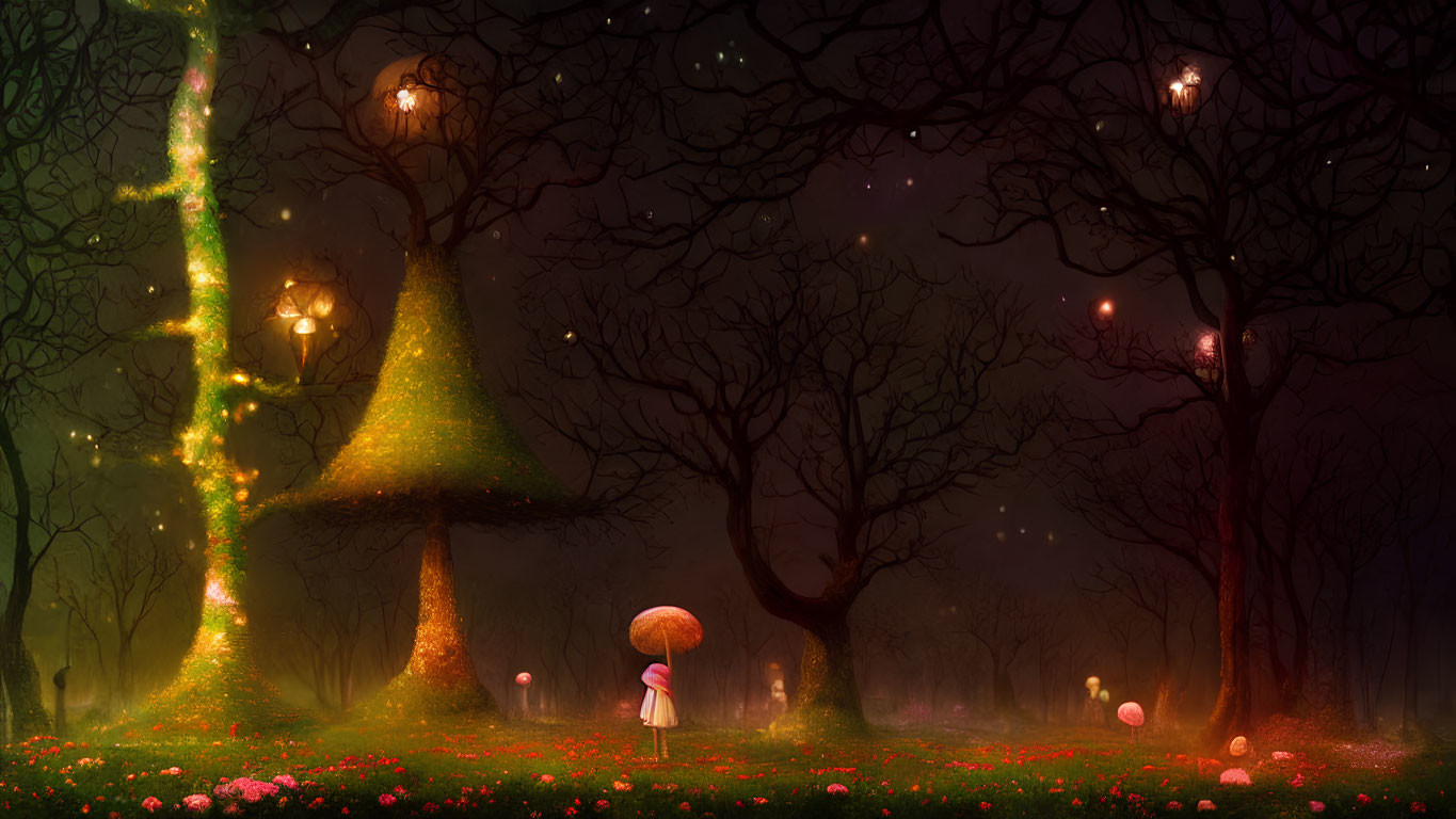 Illustration of magical forest with glowing trees, fireflies, person with umbrella, colorful flowers, illuminated