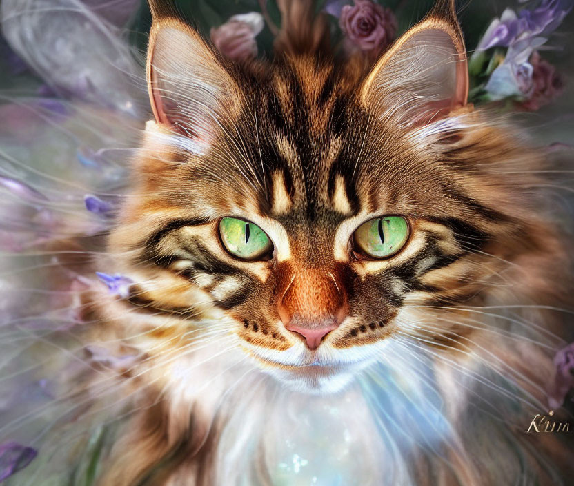 Close-Up Digital Painting of Cat with Striking Green Eyes and Pastel-Colored Flowers
