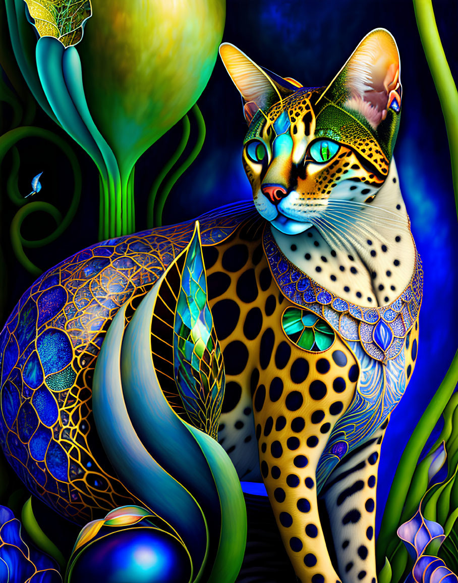 Colorful Stylized Cat Artwork with Blue Background