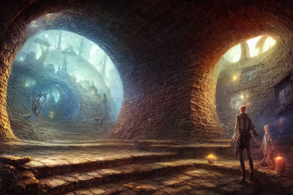 Adventurer with lantern in stone archway gazes at underwater city through portal
