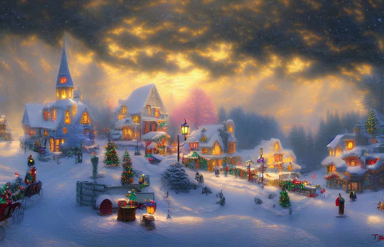 Winter Village with Christmas Decorations and Snowy Streets at Dusk