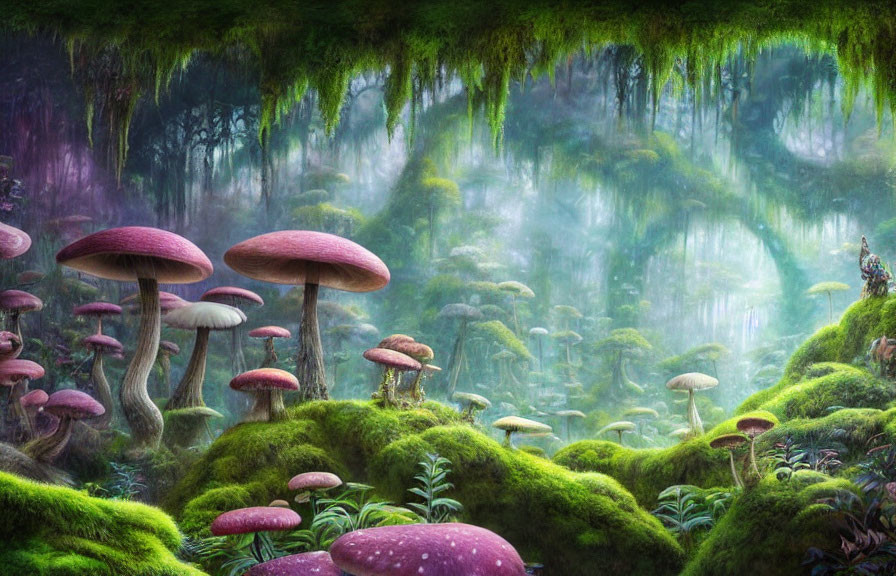 Enchanting forest scene with oversized mushrooms and mysterious figure