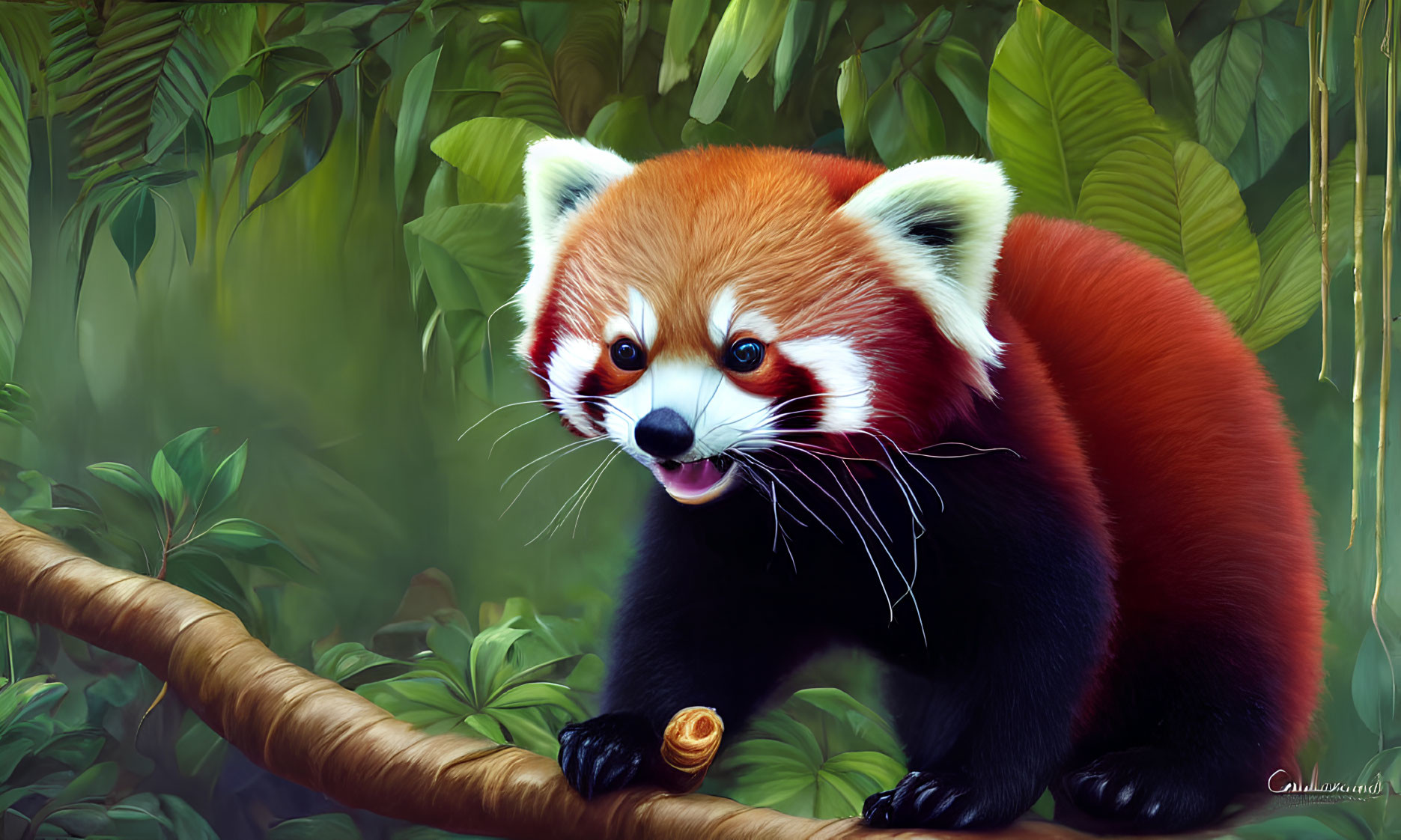 Vivid Red Panda with White Face Balancing on Branch