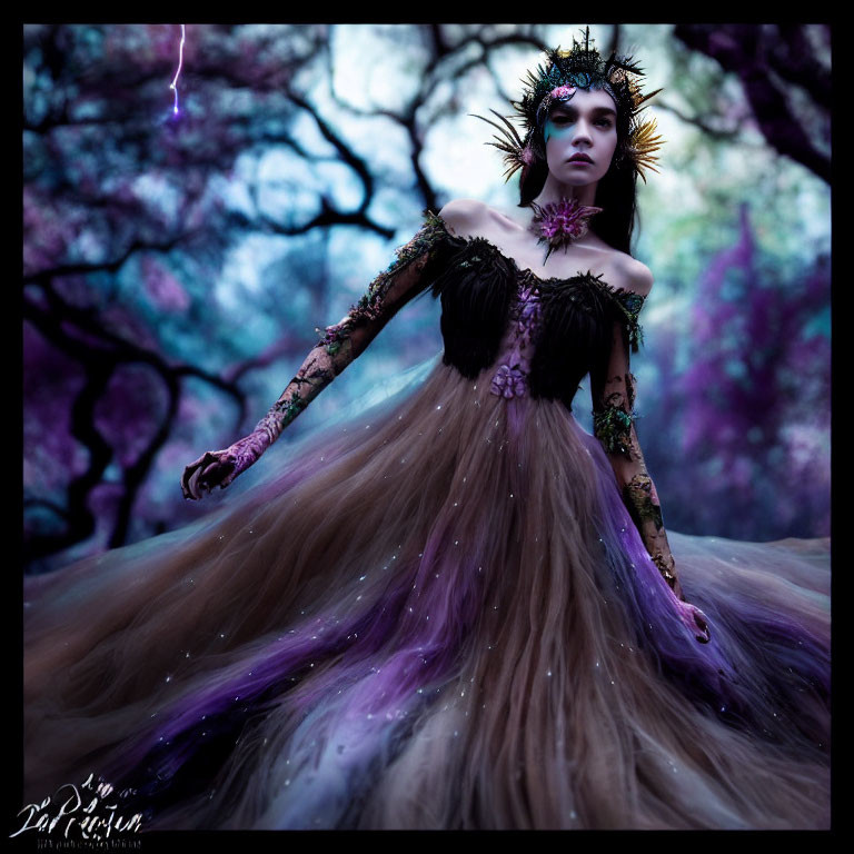 Mystical woman in dramatic purple gown with golden headpiece in enchanted forest