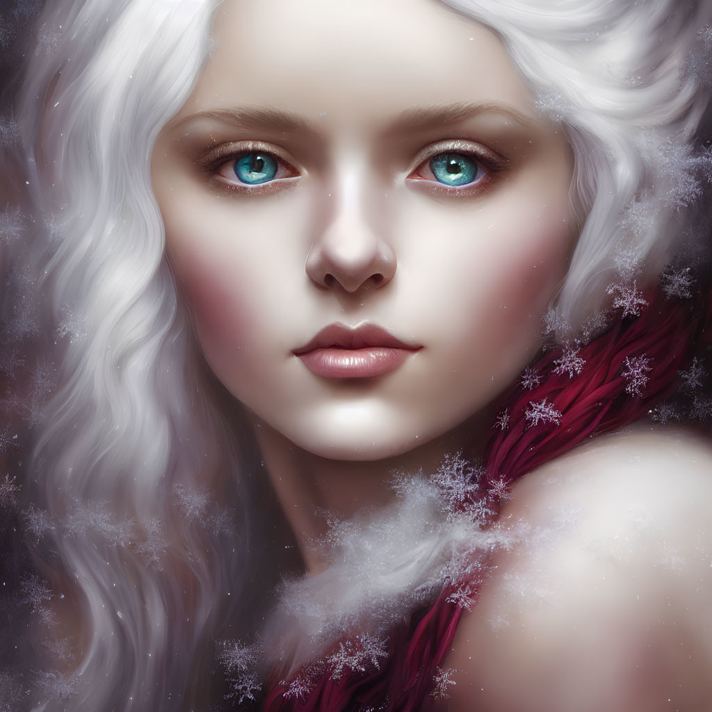 Digital portrait of a person with pale skin, blue eyes, white hair, snowflakes, and