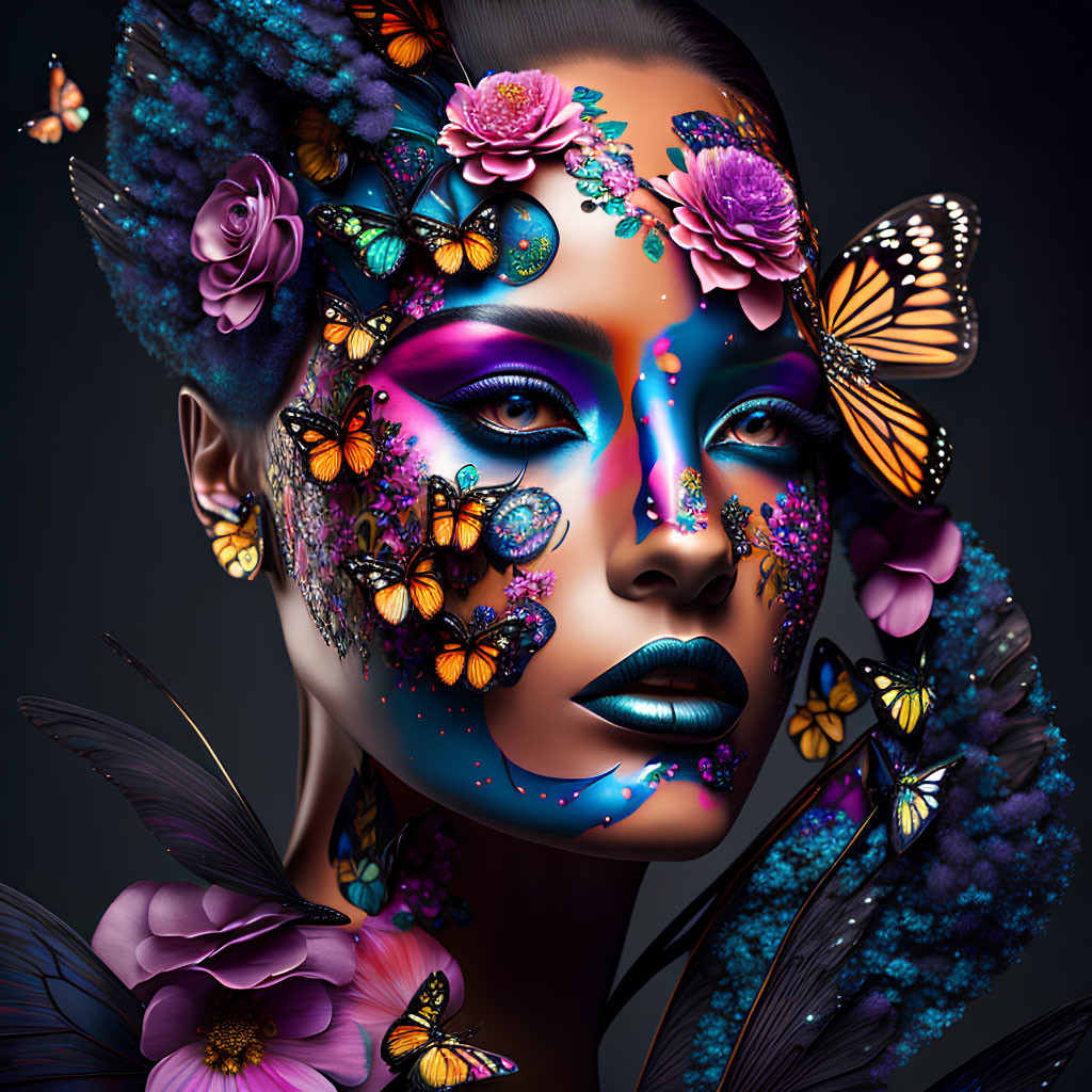 Colorful digital illustration of woman with vibrant flowers, butterflies, and makeup