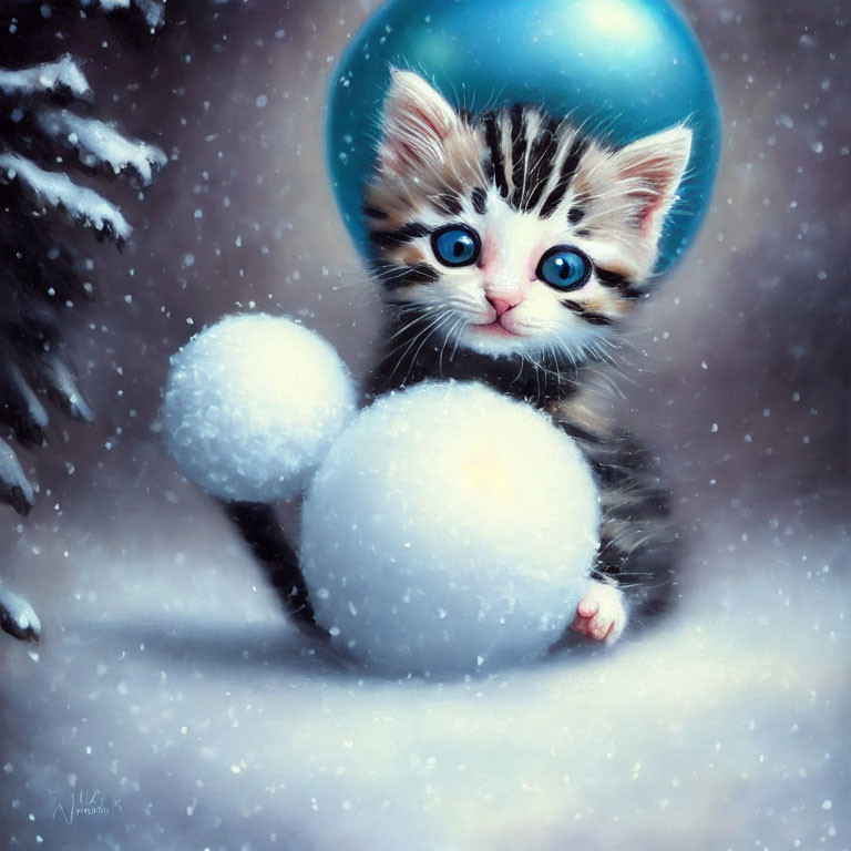Adorable kitten with blue eyes holding snowball in snowy scene