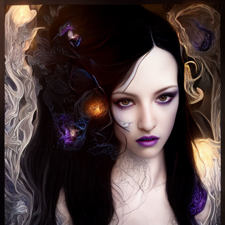 Portrait of a woman with dark hair and purple eyes in a fantasy setting