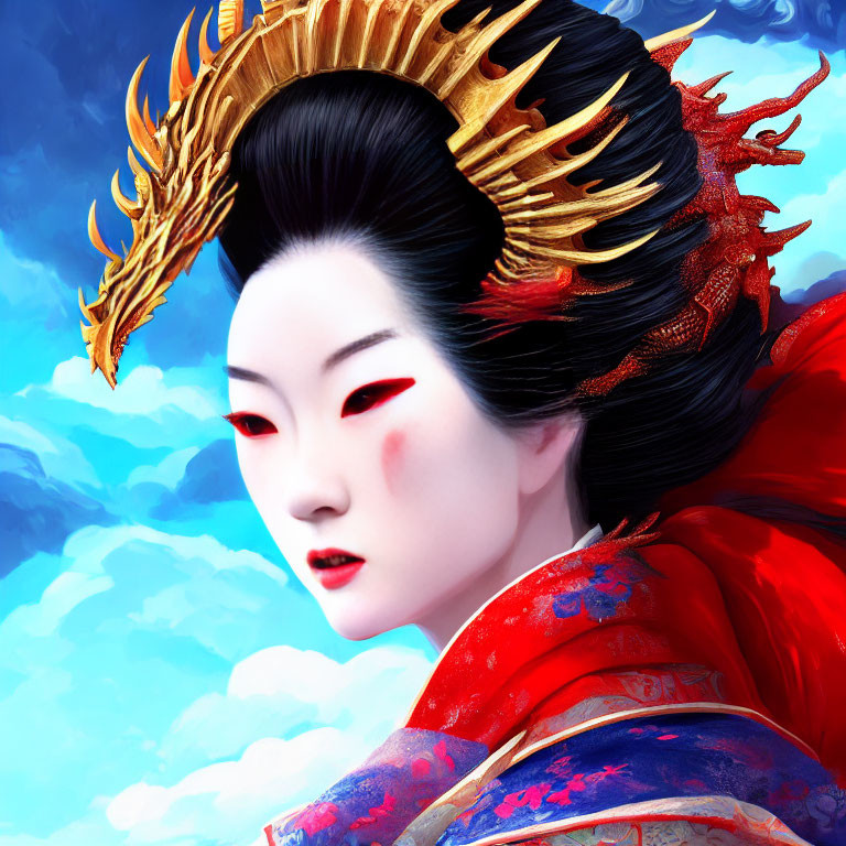 Person with Traditional Japanese Makeup & Dragon Headdress on Blue Sky