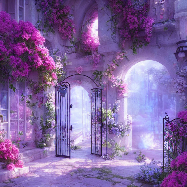 Courtyard with Open Wrought Iron Gate and Purple Flowers