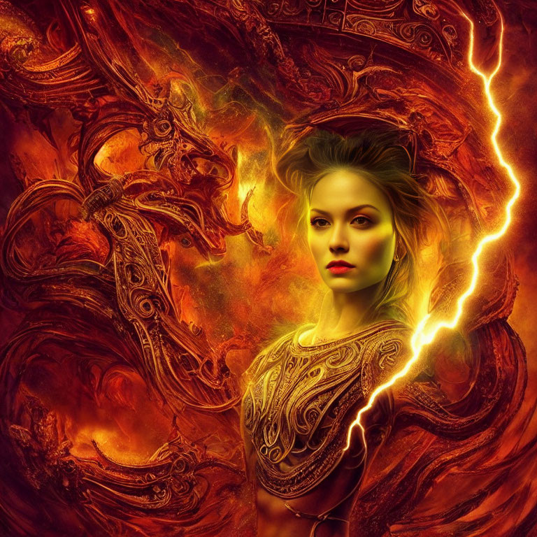 Woman with striking features engulfed in swirling flames and lightning with intricate skin designs