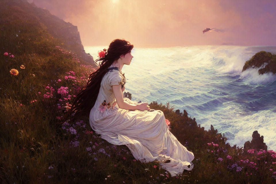 Woman in white dress on cliff overlooking waves, flowers, and ship