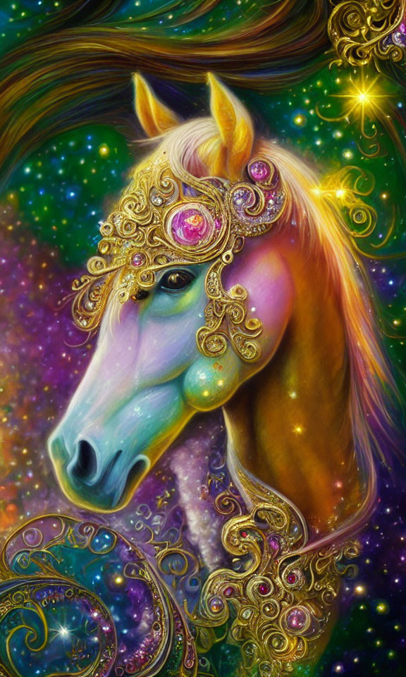 Golden jeweled headdress on mystical horse in cosmic setting