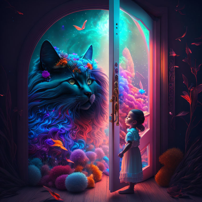 Child at open doorway to vibrant cosmic scene with giant whimsical cat