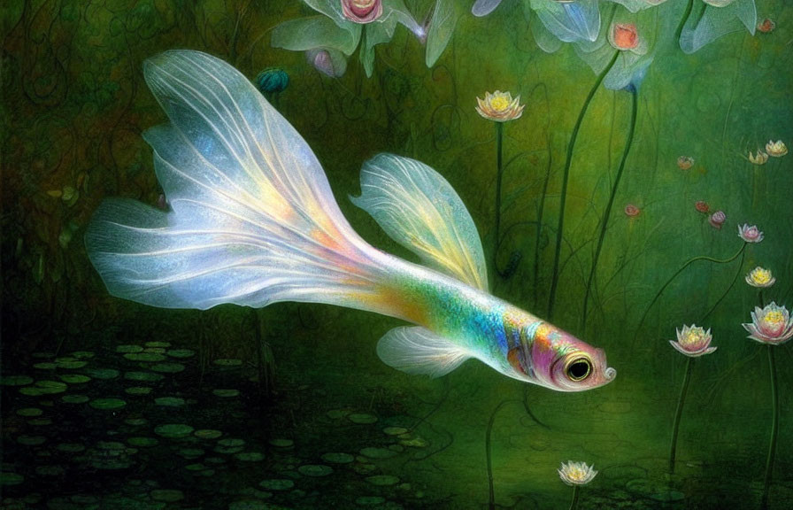 Colorful fish among blooming lotus flowers and lily pads in ethereal underwater scene