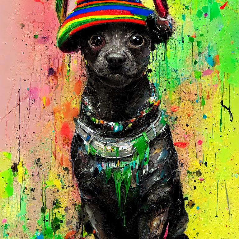 Colorful black dog with hat and necklace on vibrant paint background