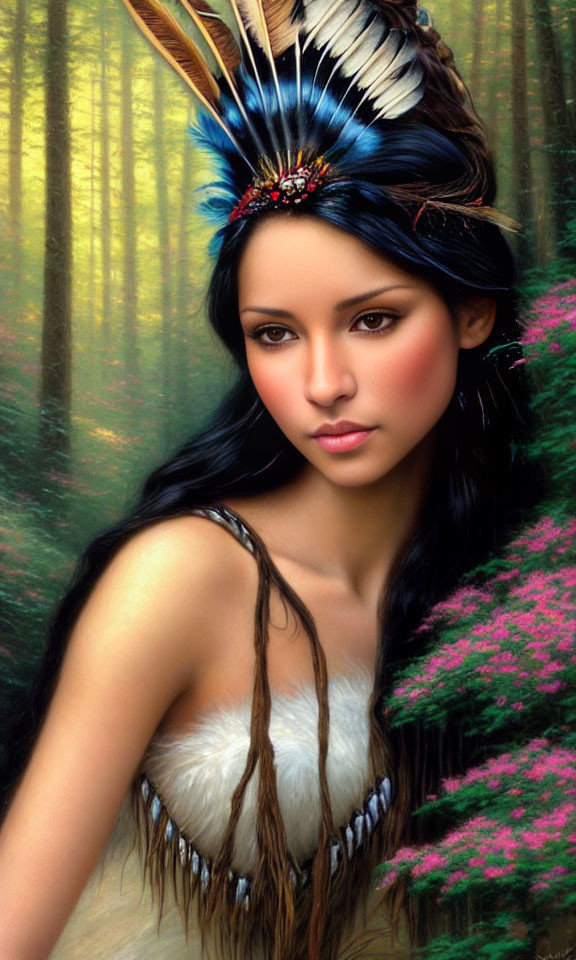 Woman with Feather Headdress in Greenery: Dark Hair and Striking Features Stand Out
