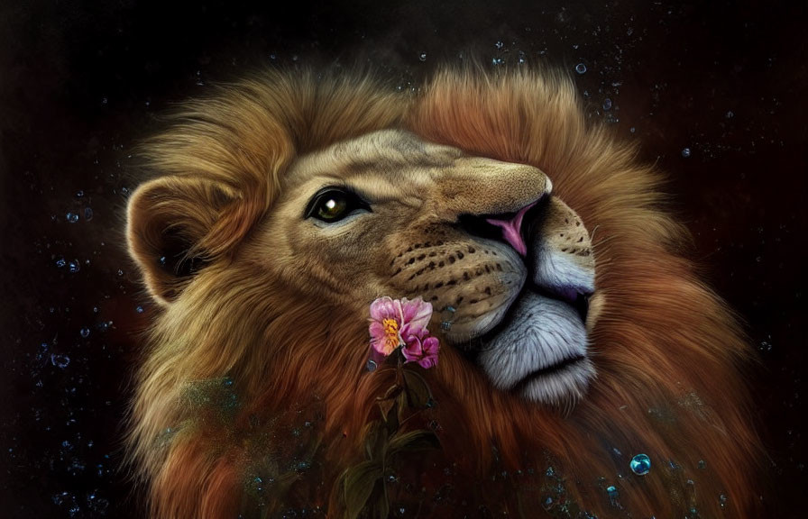 Majestic lion with vibrant mane licking nose amid bubbles and flower on dark background