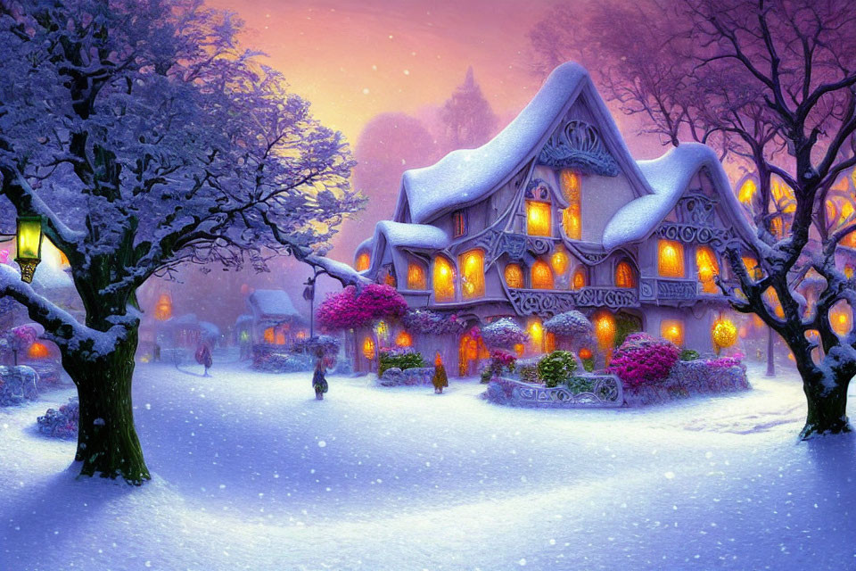 Snow-covered cottage and illuminated trees in twilight winter scene