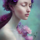 Person with closed eyes wearing crown of purple and pink flowers on dreamy background.