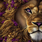 Majestic lion digital art with purple eyes and glowing orbs