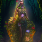 Mystical woman surrounded by vibrant flowers in neon-lit forest