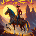 Western-themed poster with character on horseback in desert sunset