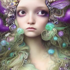 Digital artwork of woman with expressive eyes & purple hair adorned with pearls and shells, showcasing underwater theme.