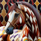 Stylized portrait of a brown and white horse with purple mane and golden bridle on colorful geometric