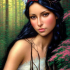 Woman with Feather Headdress in Greenery: Dark Hair and Striking Features Stand Out