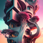 Futuristic building with organic shapes in surreal landscape