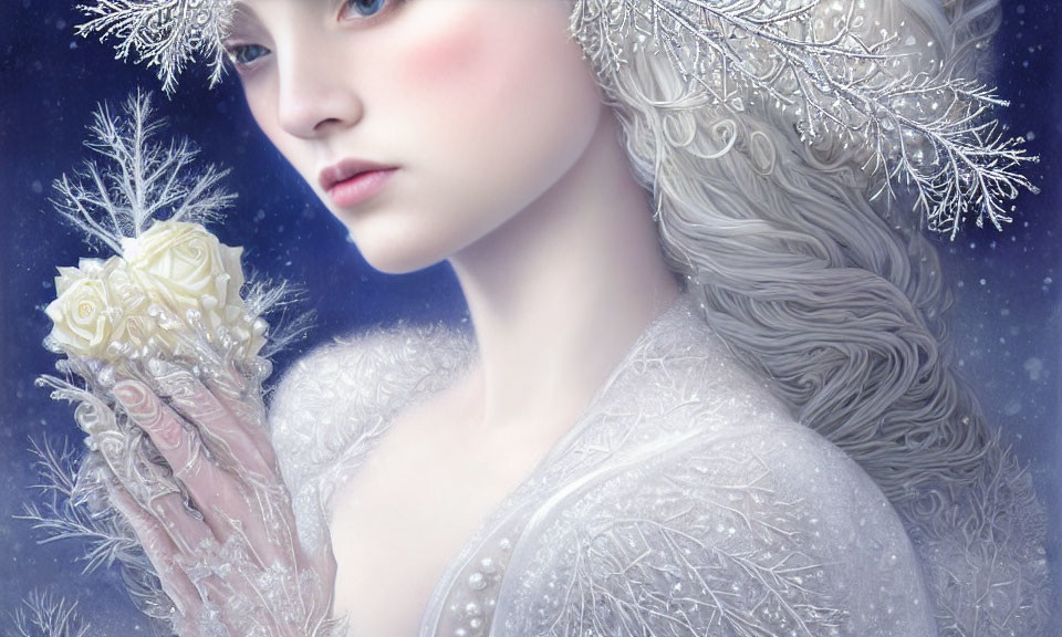 Illustrated winter portrait with pale skin, white hair, snowflake attire, and bouquet