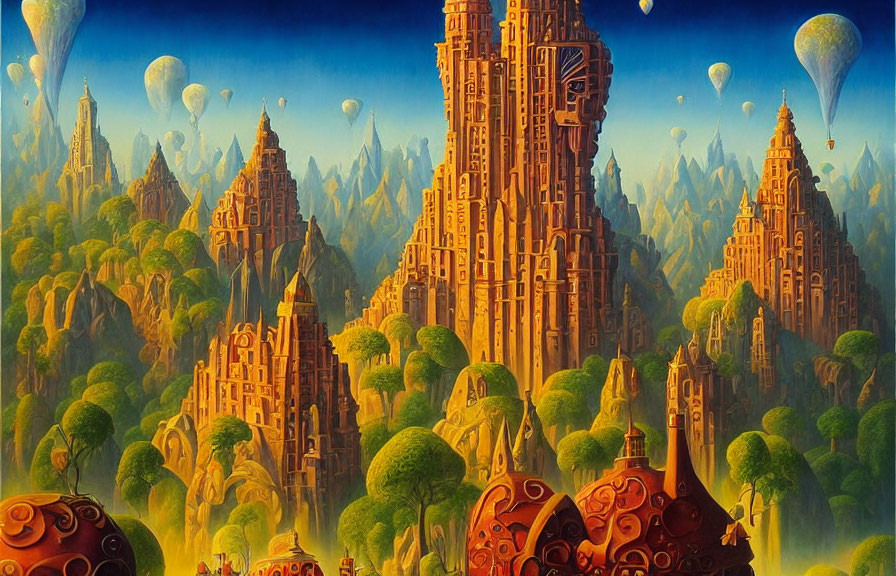 Majestic castles and hot air balloons in a fantasy landscape