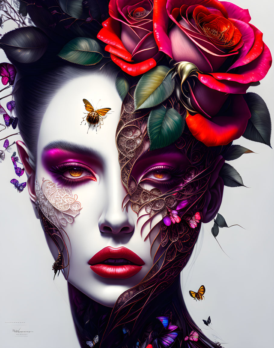 Digital artwork: Woman's face with floral, lace patterns, roses, butterflies, dramatic makeup, bee