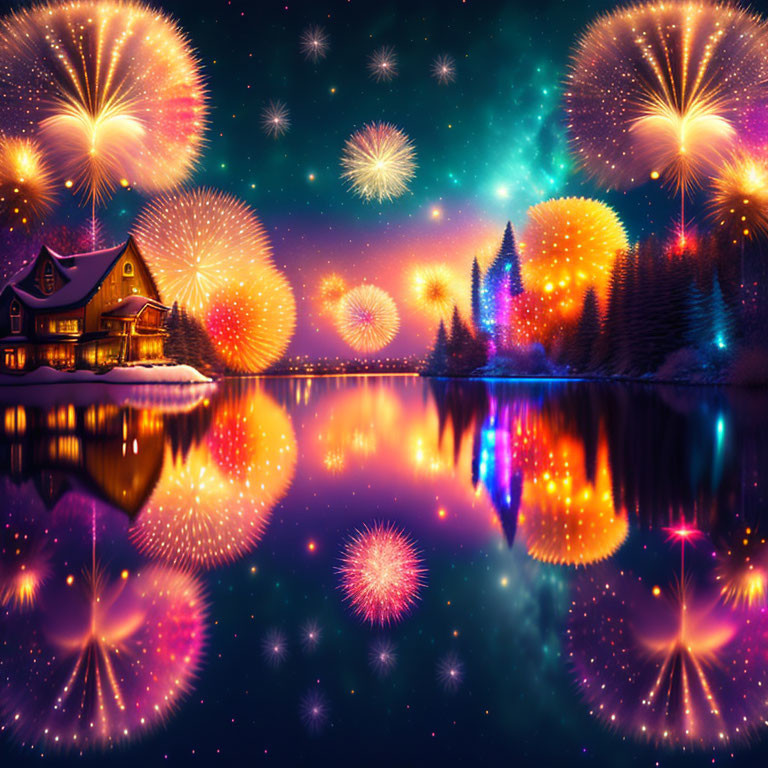 Lakeside Night Scene with Cabin, Fireworks, and Starry Sky
