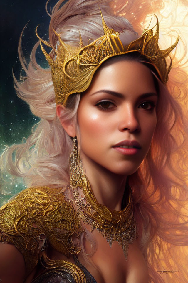 Digital Artwork: Woman in Golden Armor with Cosmic Background