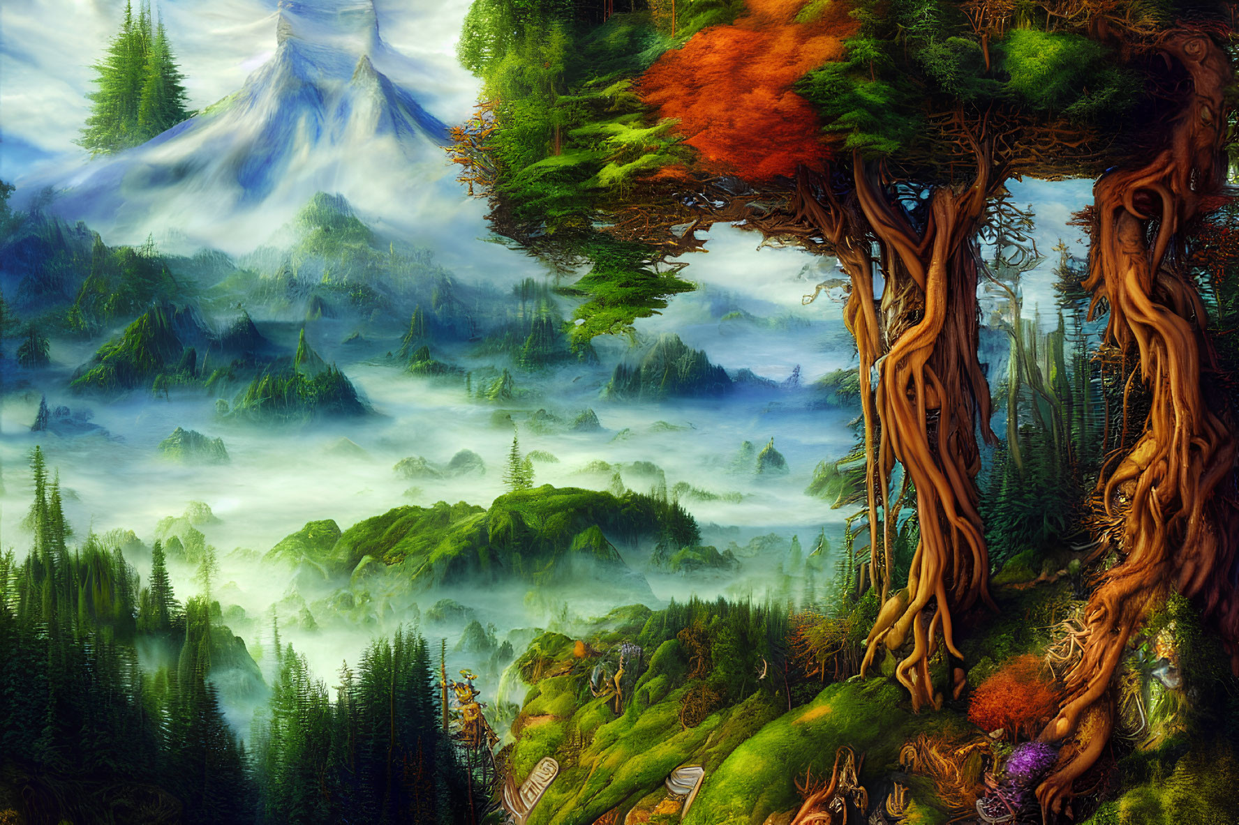 Mystical landscape with towering trees, intertwined roots, lush foliage, and misty mountains