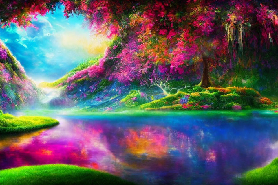 Colorful Landscape with Lush Greenery, Pink and Purple Flora, and Serene River
